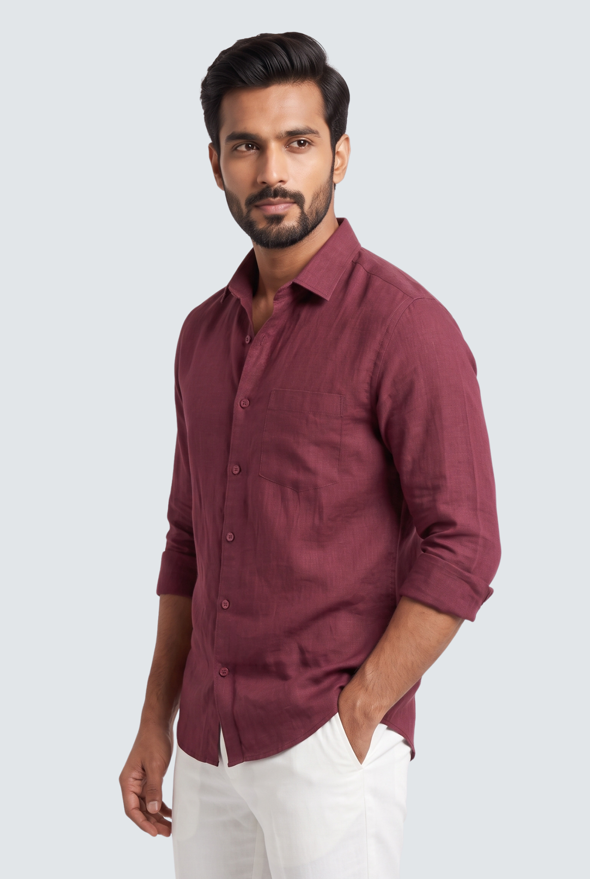 Maroon linen button-up shirt with pointed collar and button front, side view