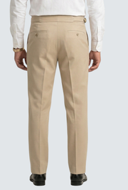 Men's beige trousers back view with welt pockets and center seam