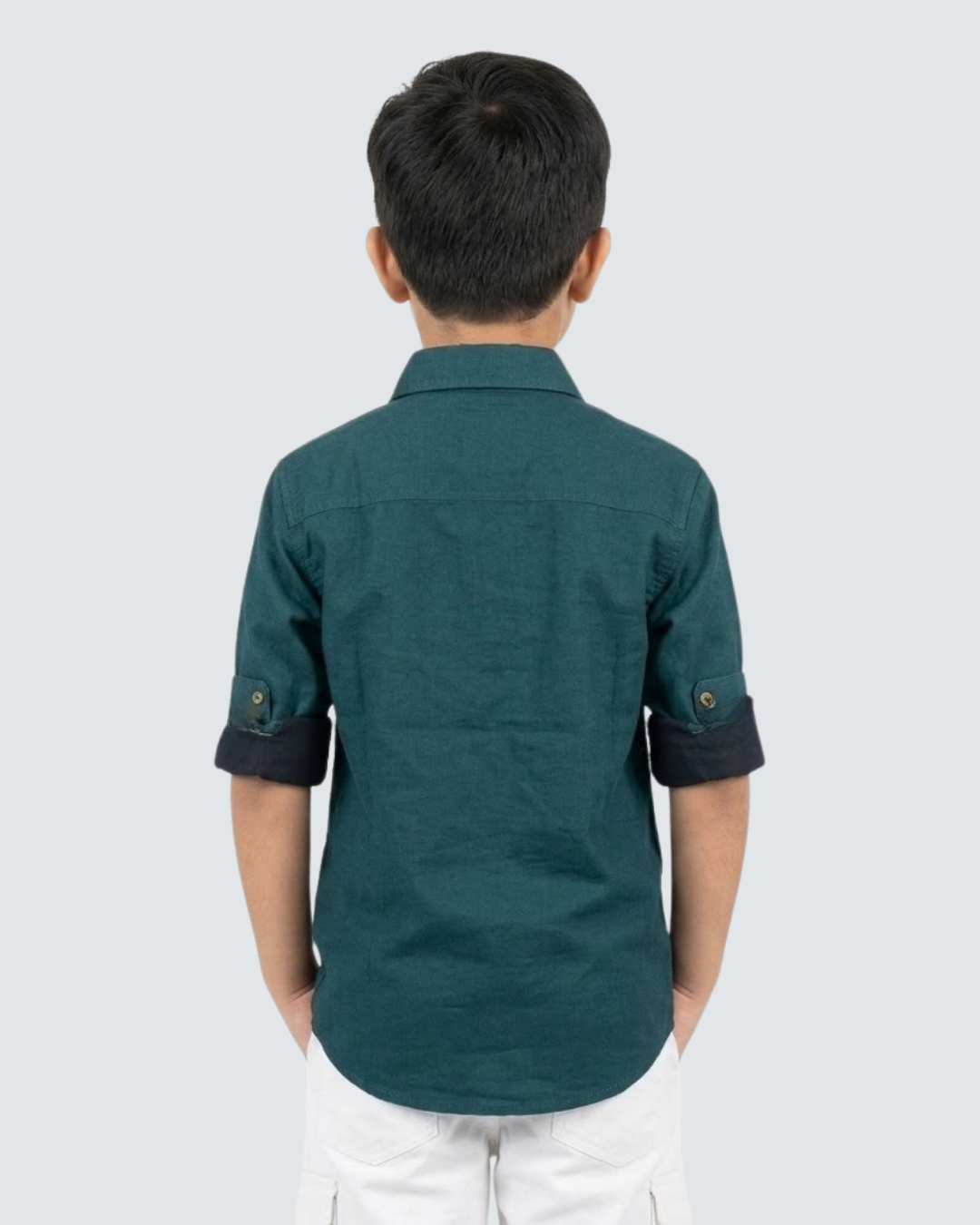 Boys teal cotton button-up shirt, back view with short sleeves