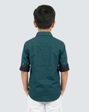 Boys teal cotton button-up shirt, back view with short sleeves