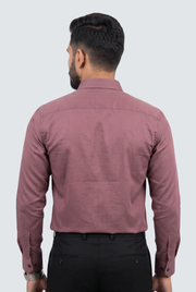 Men's Rust satin cotton lycra shirt, back view with full-length sleeves and yoke seam