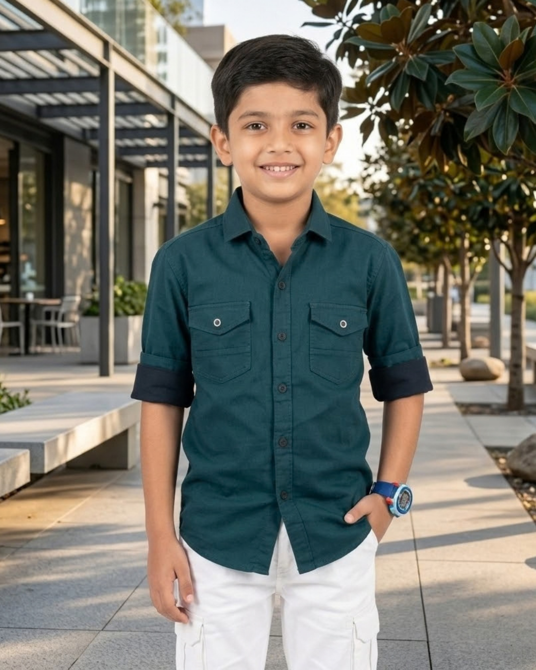 Boys teal cotton short-sleeve button-up shirt with chest pockets