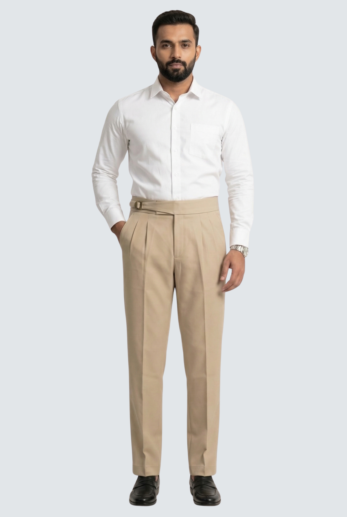 Men's beige trousers with belt and straight-leg silhouette