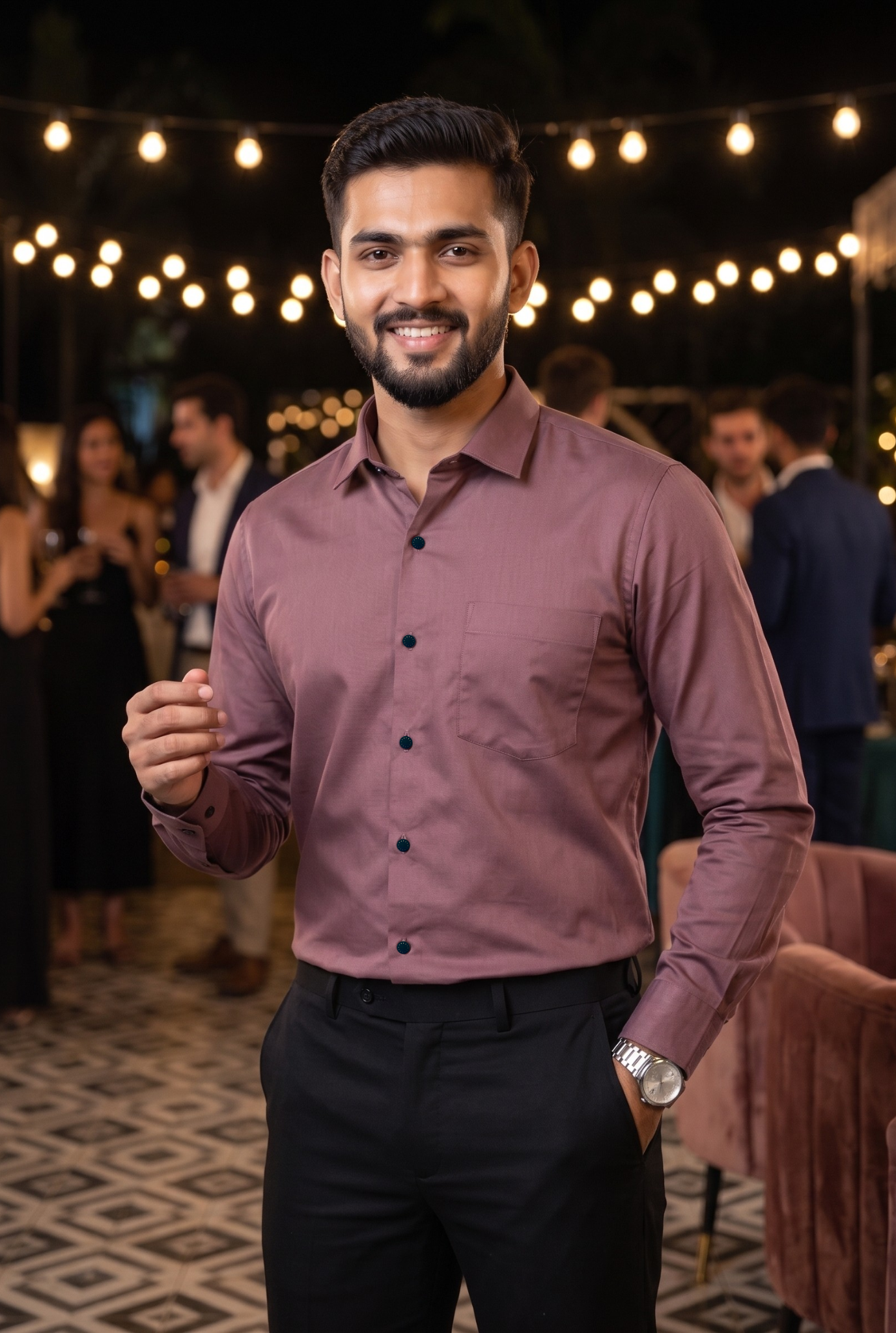 Men's Rust premium cotton satin lycra shirt, front view with button placket and pocket