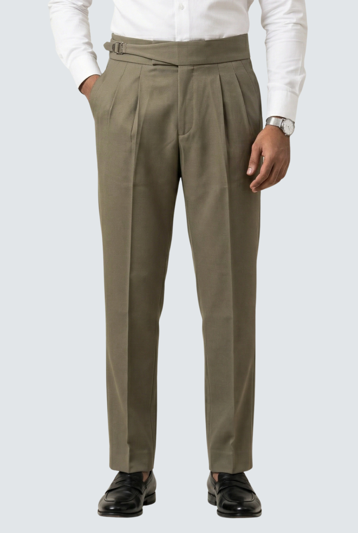 Men's olive casual trousers with pleated front, belt loops, and straight legs