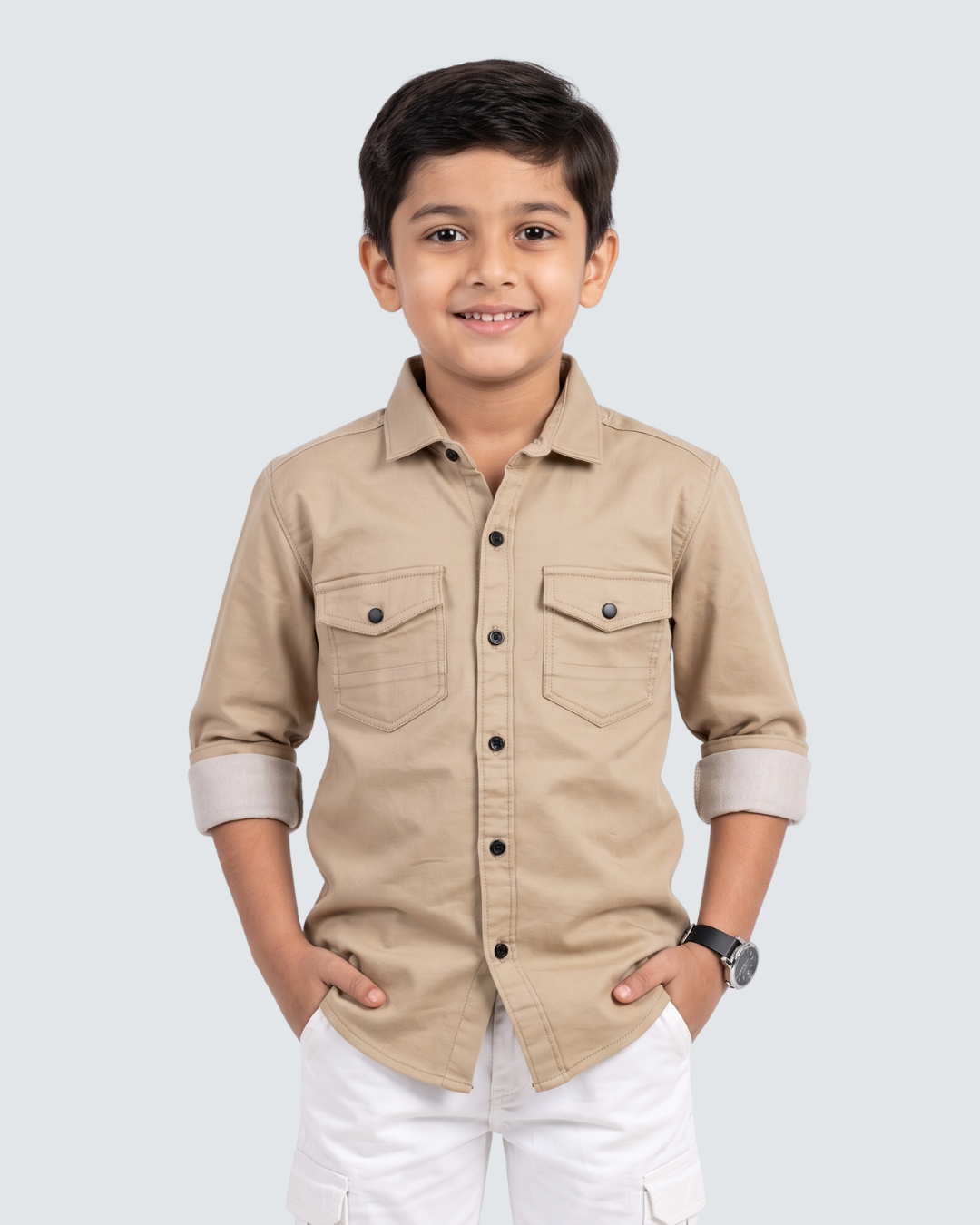 Fawn boys cotton button-up shirt with two chest pockets and rolled cuffs