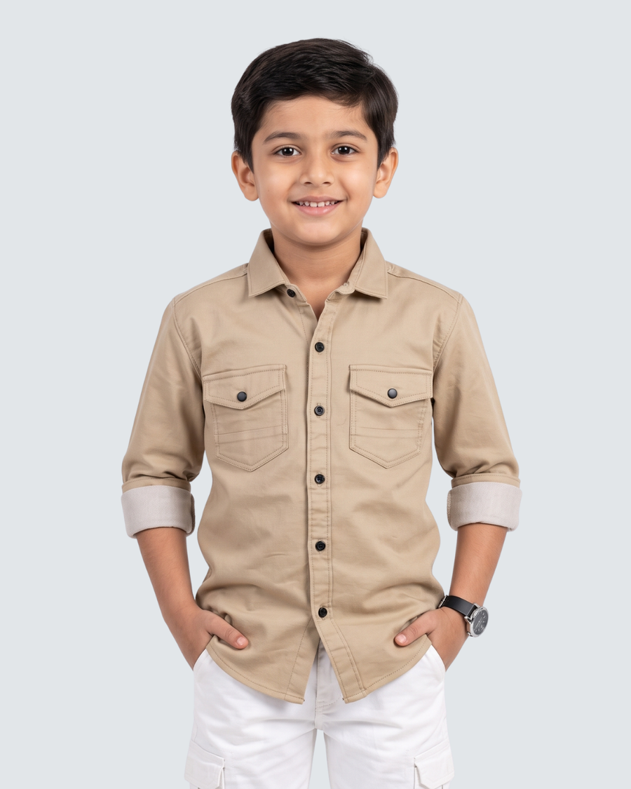 Fawn boys cotton button-up shirt with two chest pockets and rolled cuffs