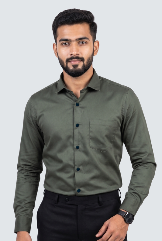Men's green satin lycra shirt, button-front design and chest pocket, long sleeves