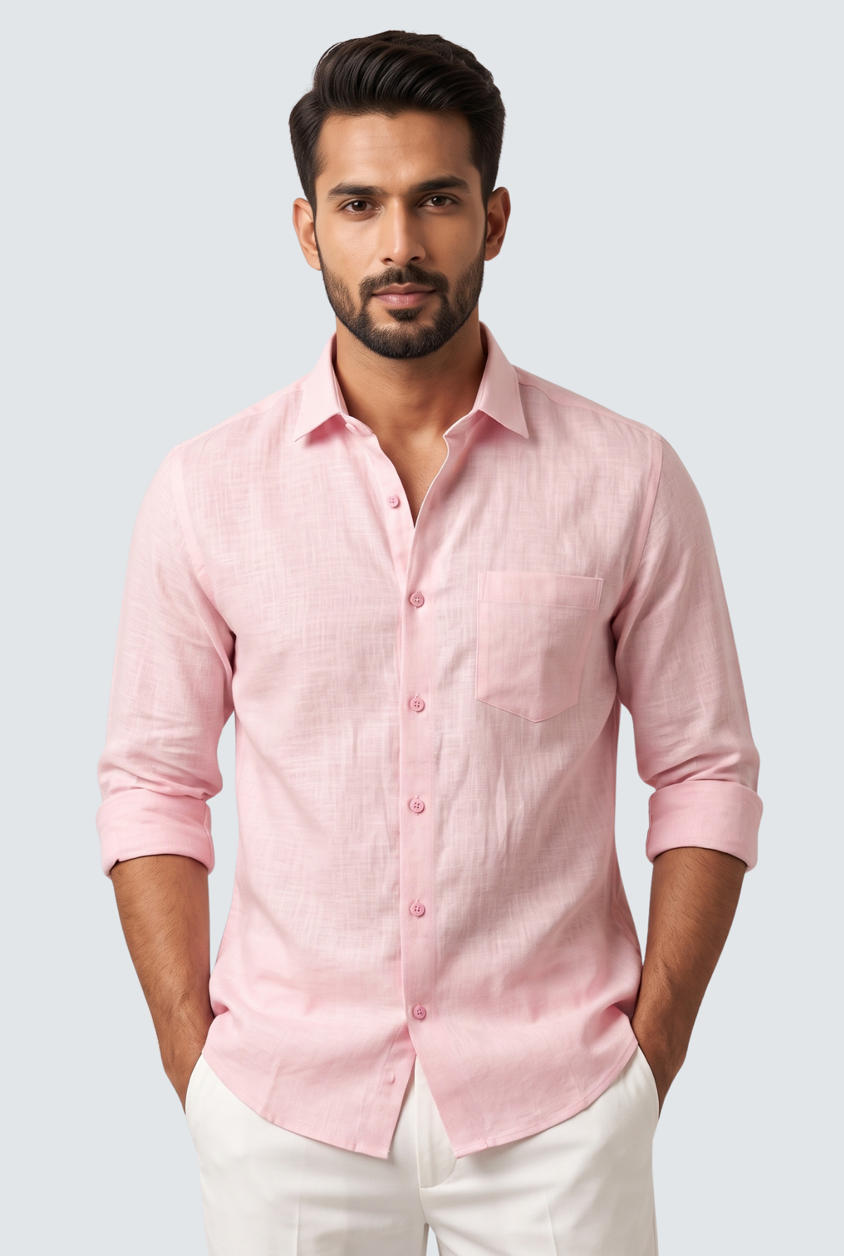 Pink linen button-down shirt with chest pocket, pointed collar, and button placket.