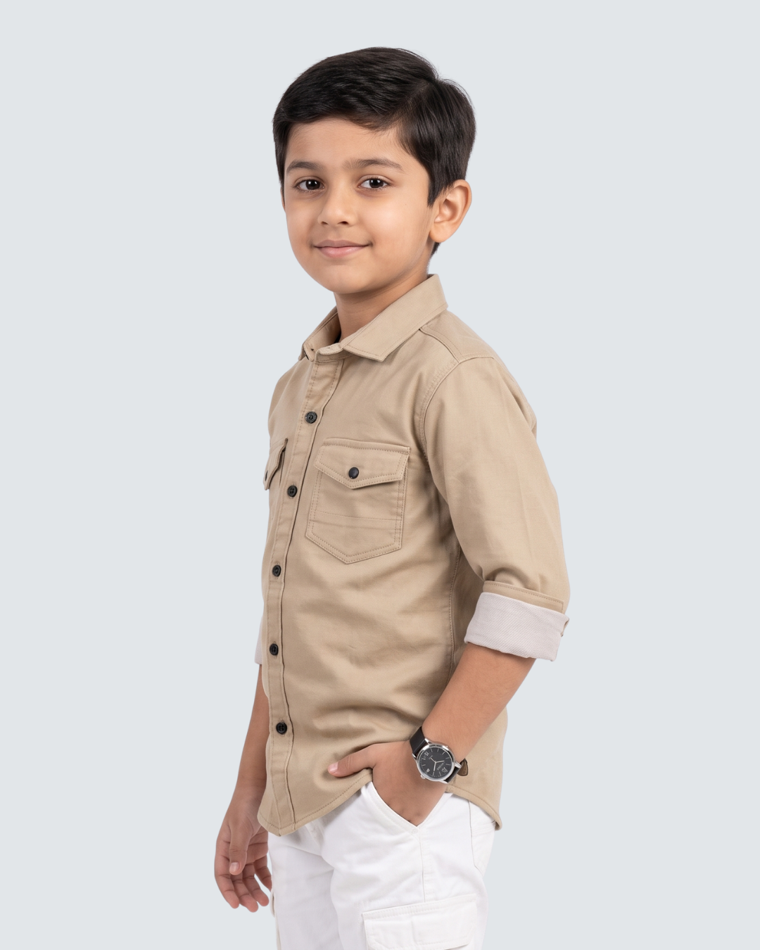 Fawn boys cotton button-up shirt with chest pockets and 3/4 sleeves