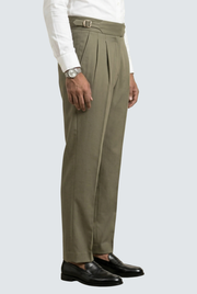 Men's olive trousers, side view, with belt and straight-leg crease
