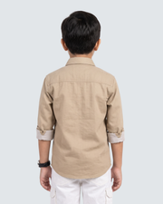 Back view of fawn boys cotton button-up shirt with yoke and two pockets