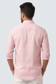 Pink linen button-down shirt back view with yoke seam and full-length sleeves.