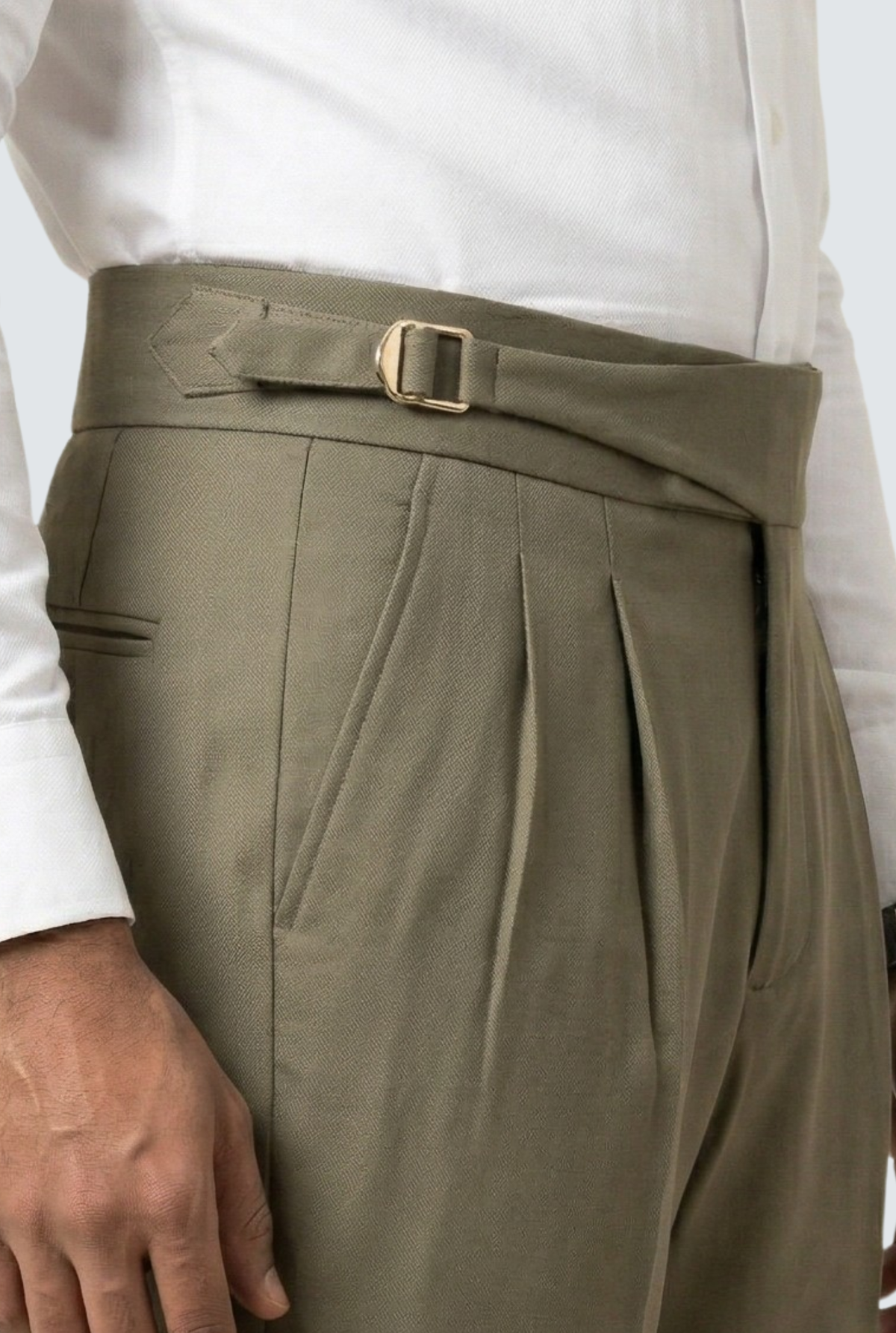 Men's olive trousers with belt and pleated waistband detail