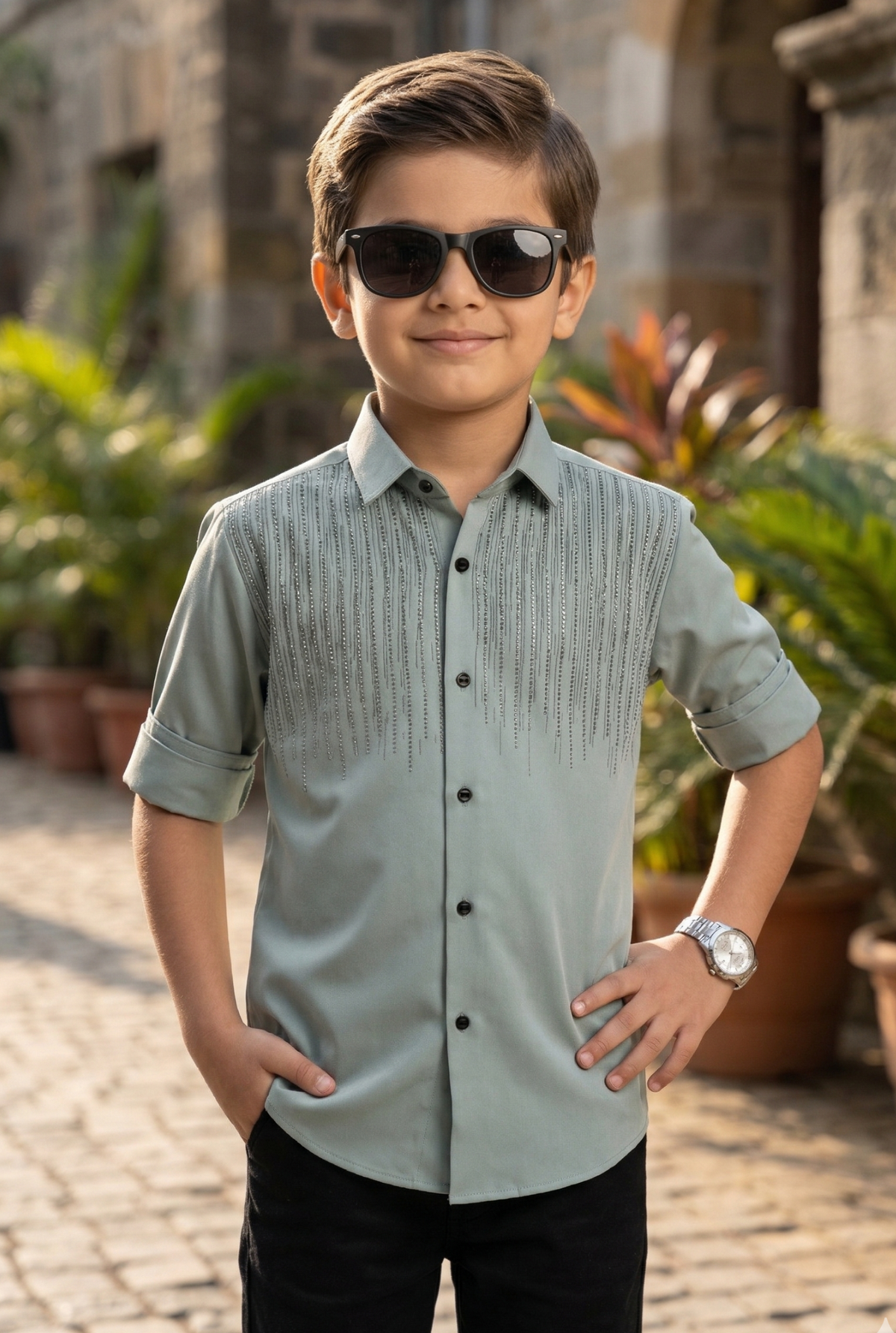Kids mint green collared shirt with vertical textured stripes and black buttons, short sleeves
