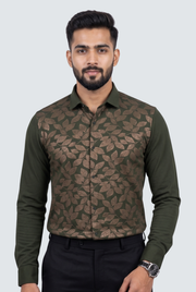 Men's designer shirt with leaf pattern front, dark green sleeves, button-up collar