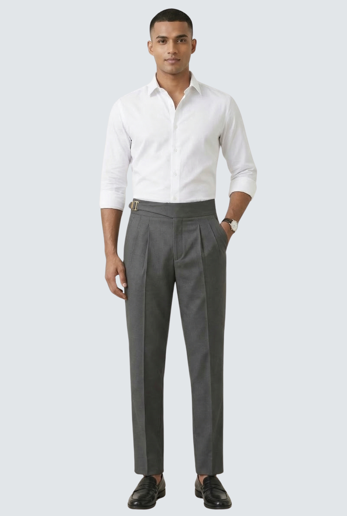 Men's dark grey tailored trousers with pleats, belt, and full length fit