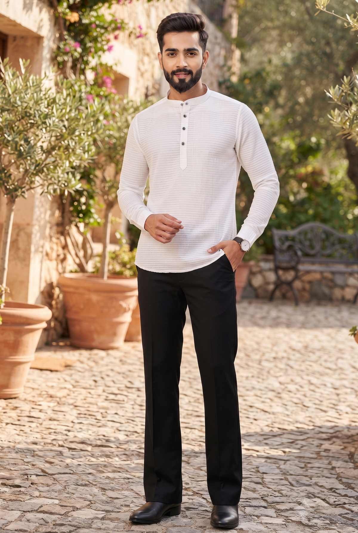 Men's white short kurta with mandarin collar, button placket, and long sleeves