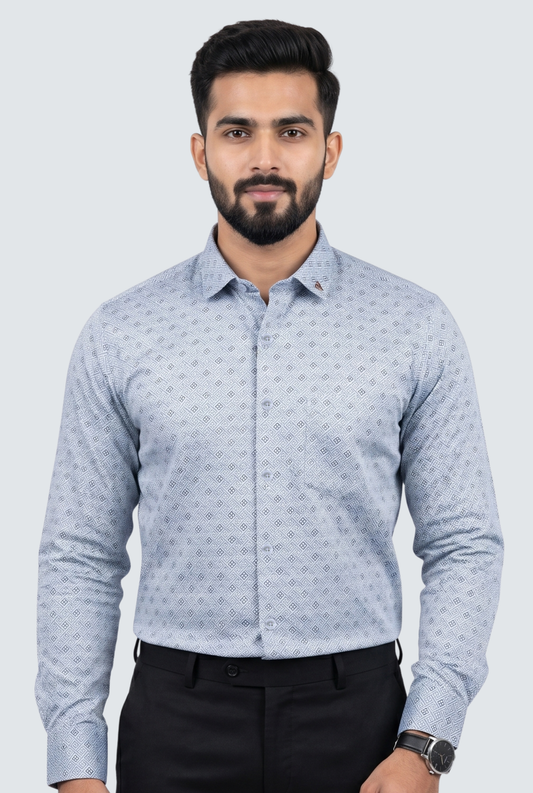Men’s Satin Printed Full Sleeve Shirt –Sky Blue(1884)
