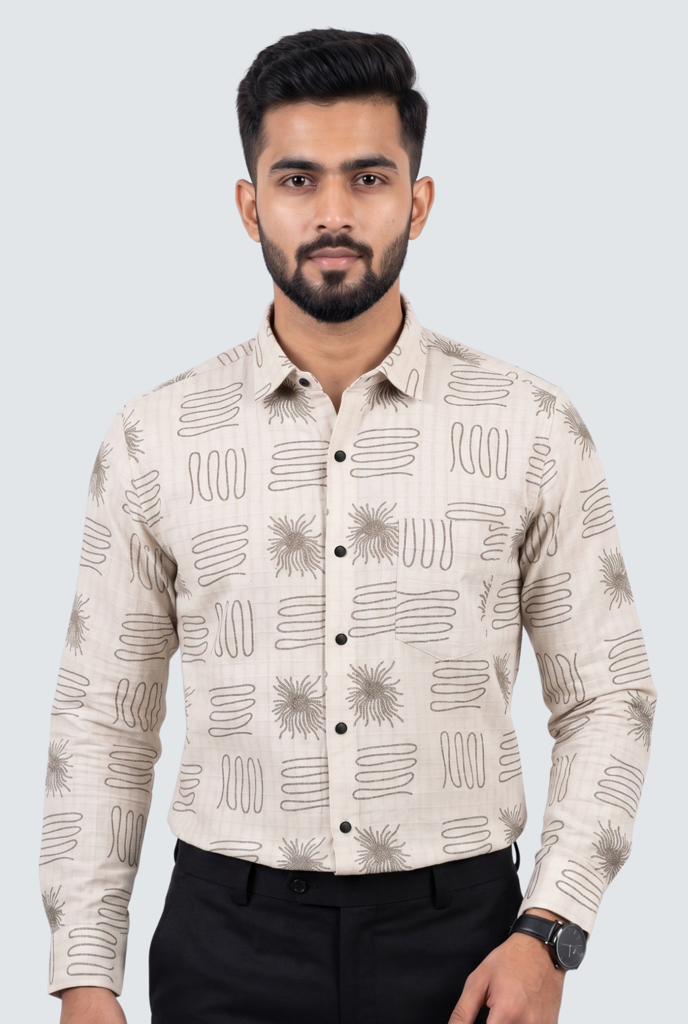 Men’s Cream Printed Cotton Dobby Shirt-(1858)