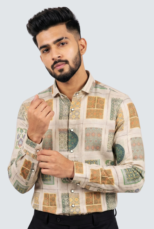 Cream Natural Linen Floral Digital Print Shirt (1767)