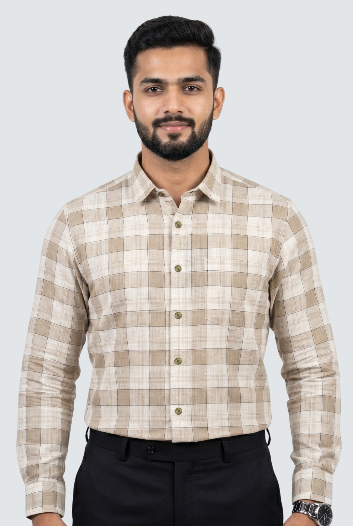 Men’s fawn pure linen casual shirt with button-up front and plaid pattern