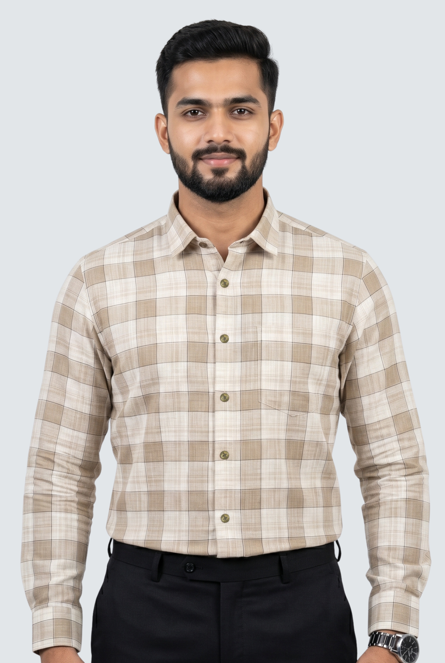 Men’s fawn pure linen casual shirt with button-up front and plaid pattern