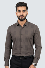 Men's textured casual shirt in dark brown with vertical pattern, button-up collar