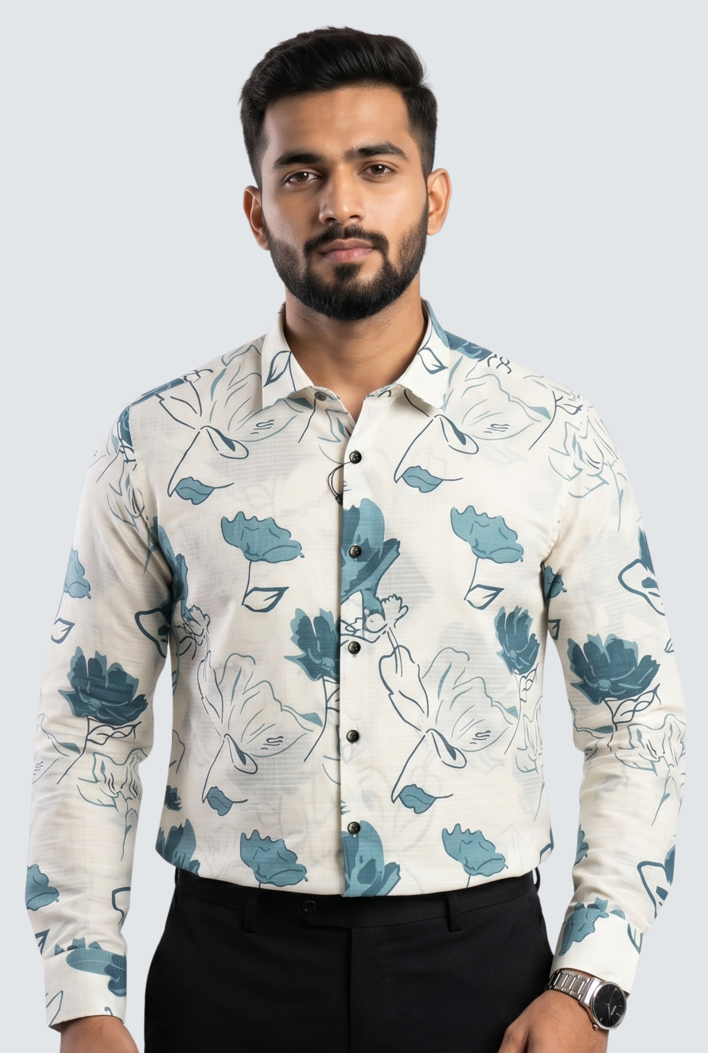 Men’s Sky Blue Floral Print Fine Cotton Shirt-(1866)