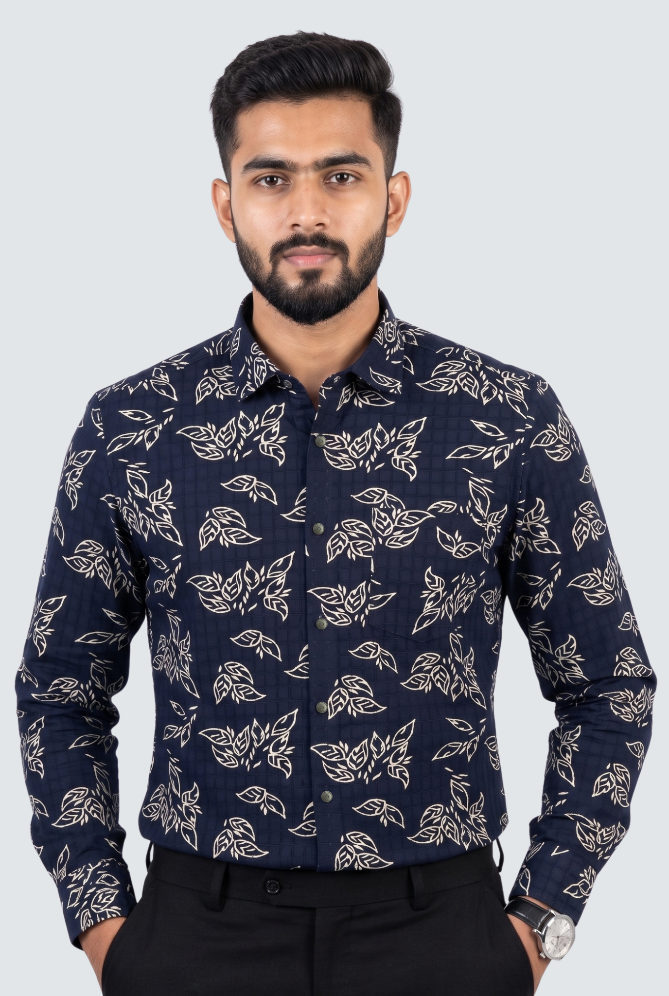 Men’s Navy Blue Printed Cotton Dobby Shirt-(1859)