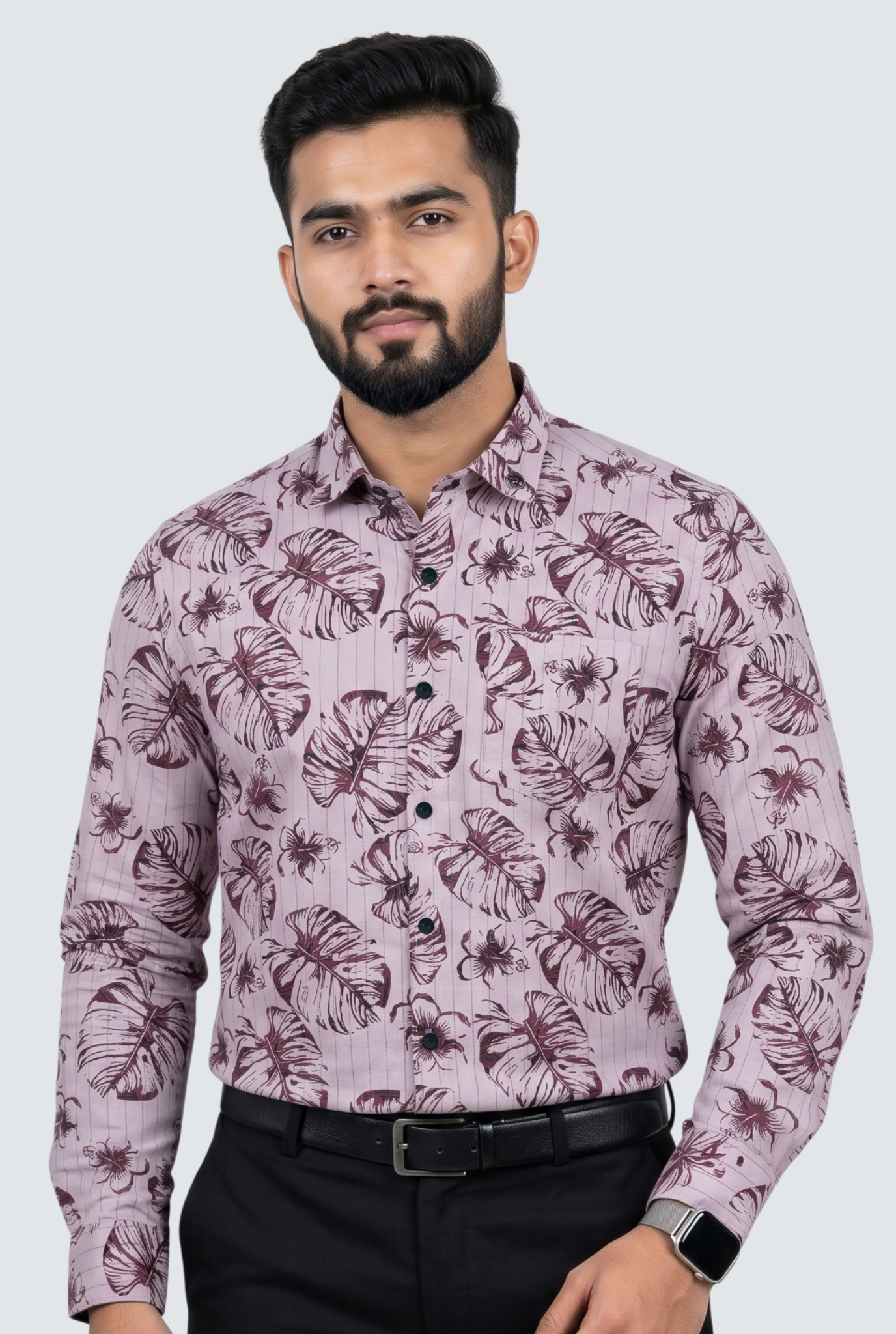 Men’s Leaf Print Dobby Cotton Shirt-Lavender(1883)