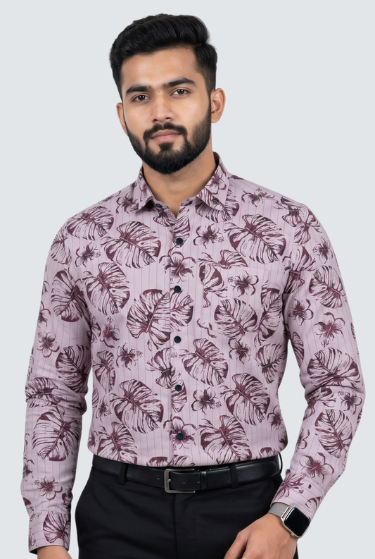 Men’s Leaf Print Dobby Cotton Shirt-Lavender(1883)