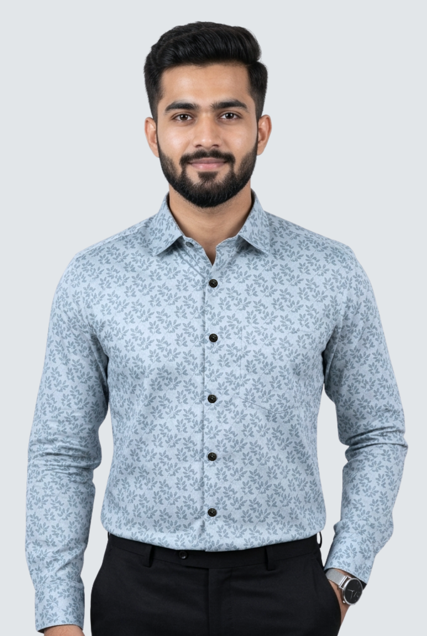 Men’s Light Green Satin Fabric Leaf Print Shirt (1831)