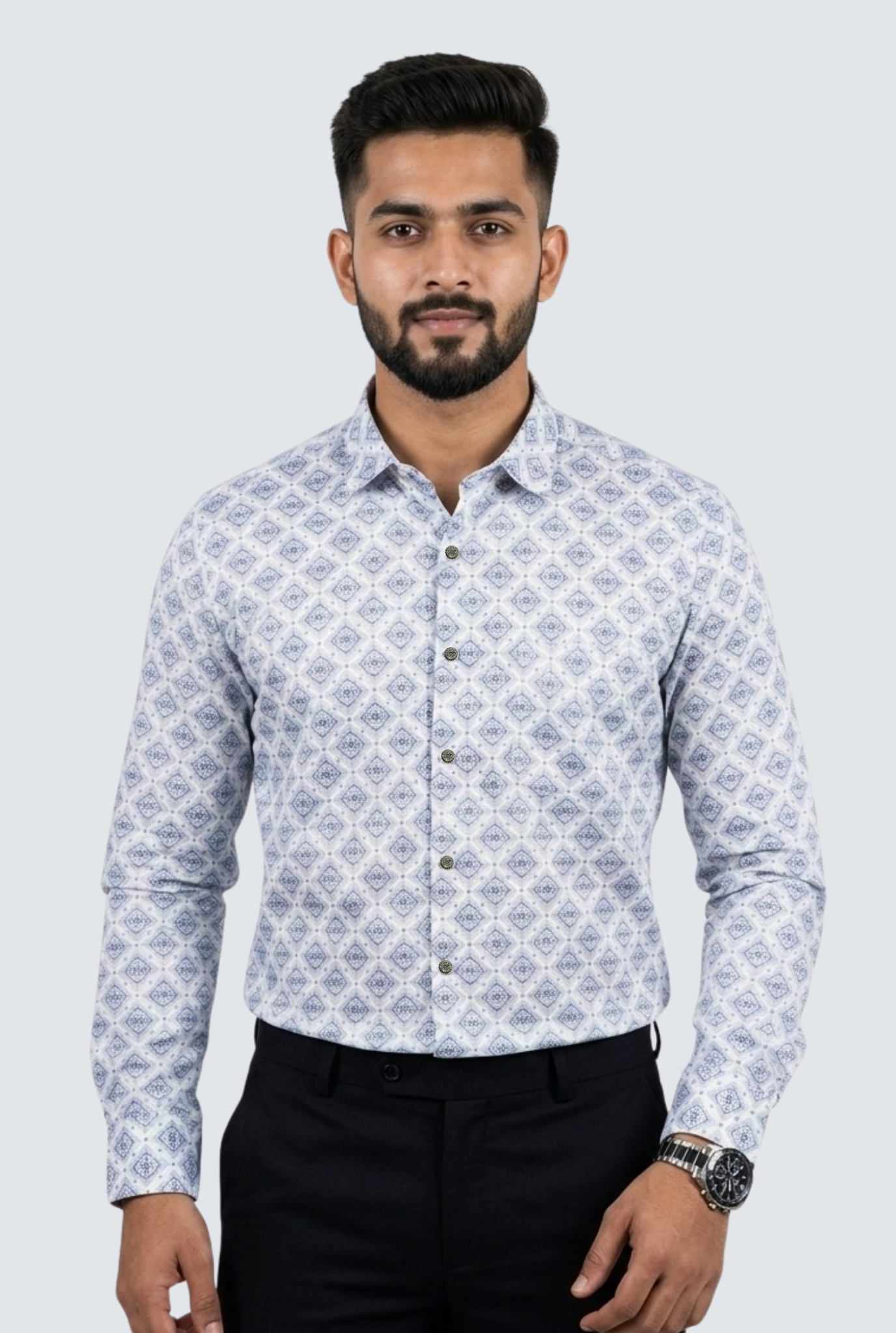 Men’s Premium Satin Printed Shirt – Soft Shine Pattern-Sky Blue (1813)