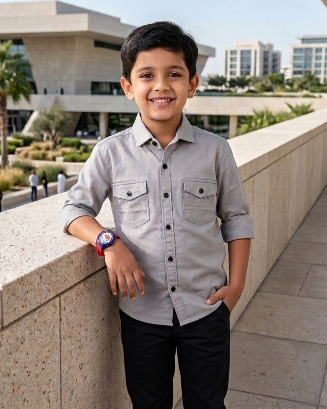 Boys' grey cotton button-up shirt with chest flap pockets and front buttons