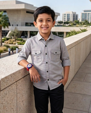 Boys' grey cotton button-up shirt with chest flap pockets and front buttons