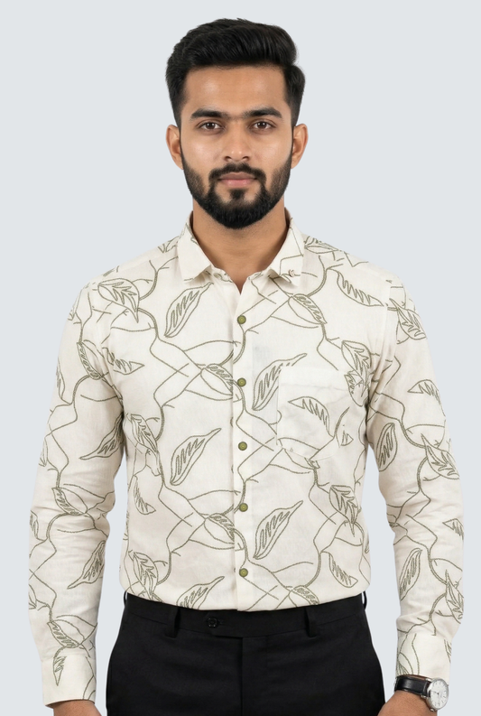 Men’s Cream Dobby Cotton Printed Shirt -(1838)