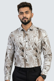 Men's dobby cotton shirt with leaf print, button-front, pointed collar, long sleeves