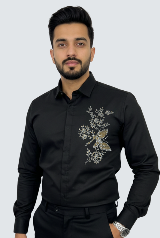 Black Imperial Embroidered Satin Shirt (1807)