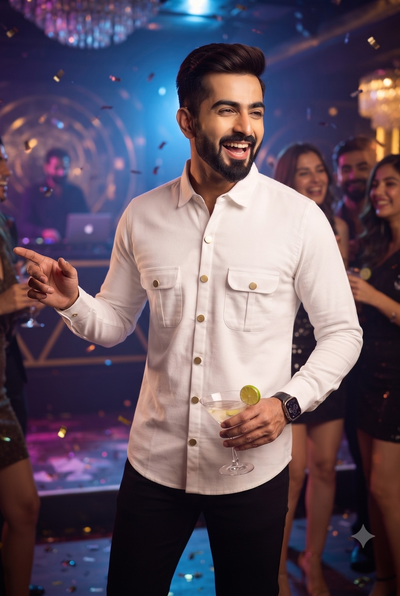Men's white cotton lycra double-pocket shirt, button-front, long sleeves, gold button detail