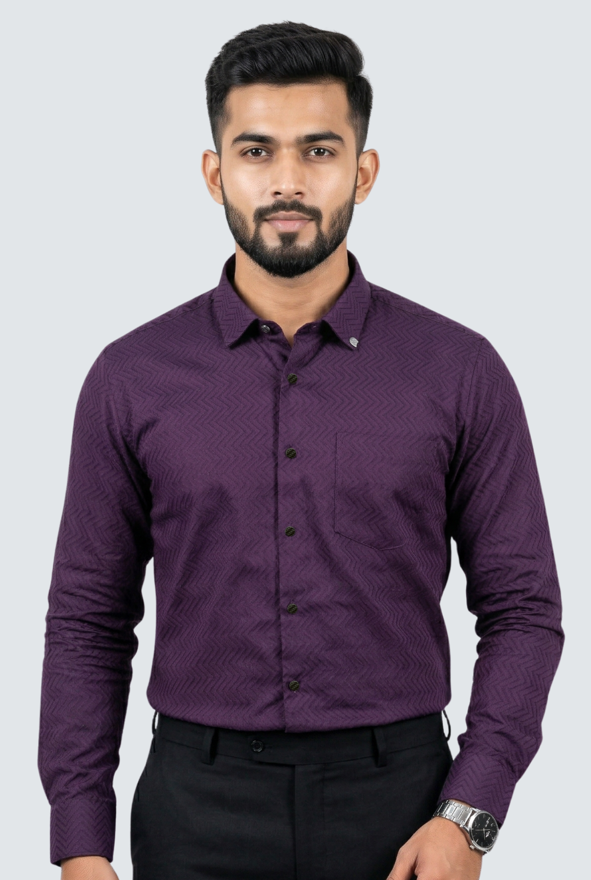 Men's slim-fit purple dobby cotton shirt, button-front with pointed collar