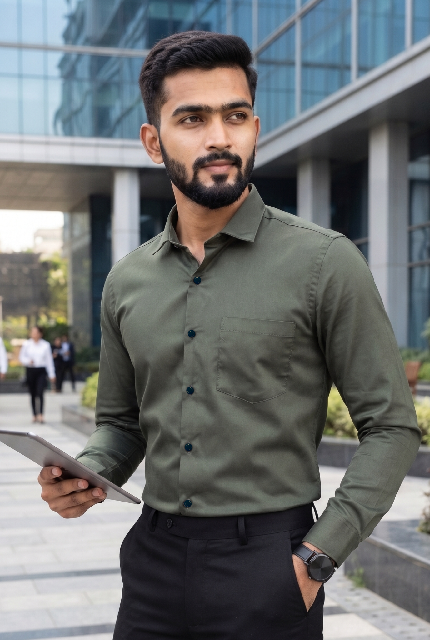 Men's green satin lycra shirt with button-front and pointed collar, long sleeves