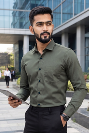 Men's green satin lycra shirt with button-front and pointed collar, long sleeves