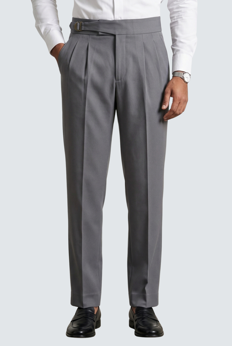 Men's grey pleated trousers with belt loops, straight legs and tapered cuffs
