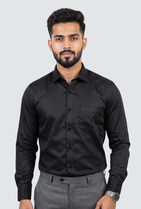 Men's black satin cotton shirt, blue button placket, chest pocket