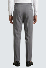 Men's grey trousers back view with two buttoned pockets and belt loops
