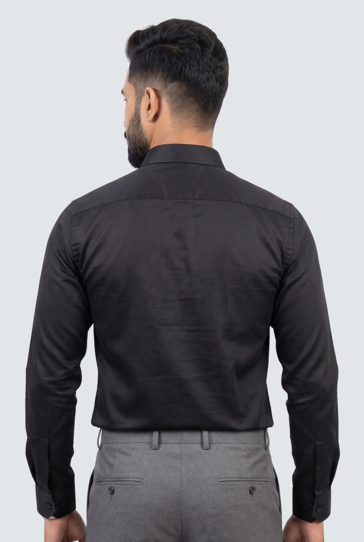 Men's black satin cotton shirt, back view with center yoke and long sleeves