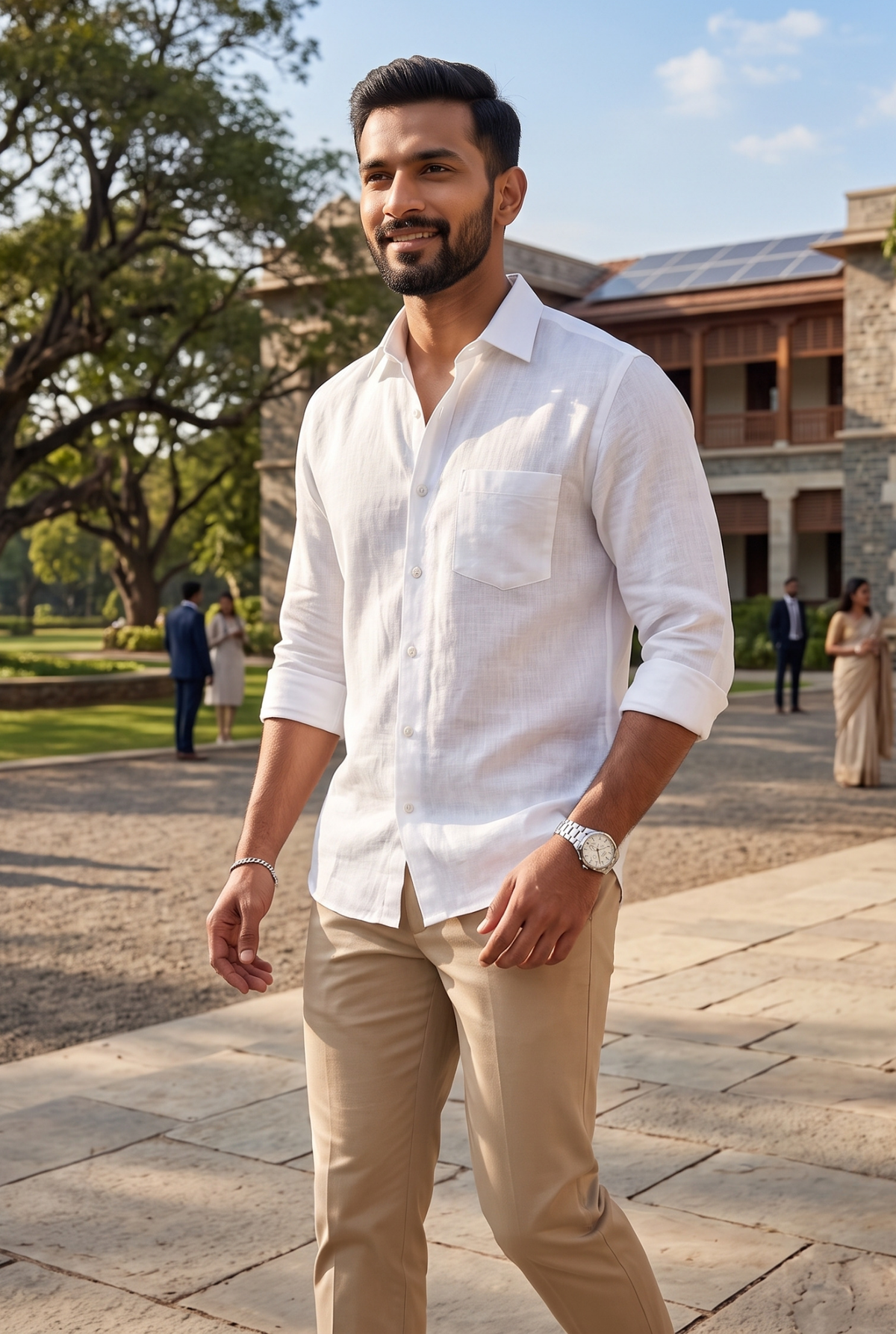 White linen button-up shirt with chest pocket and rolled sleeves, front view.