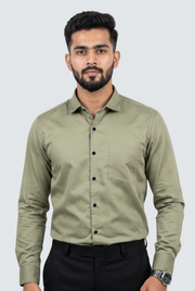 Men's olive button-up cotton satin shirt with point collar and chest pocket