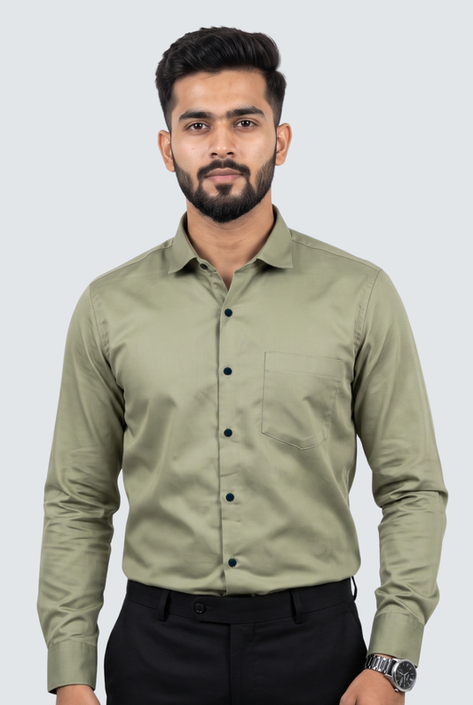 Men's olive button-up cotton satin shirt with point collar and chest pocket